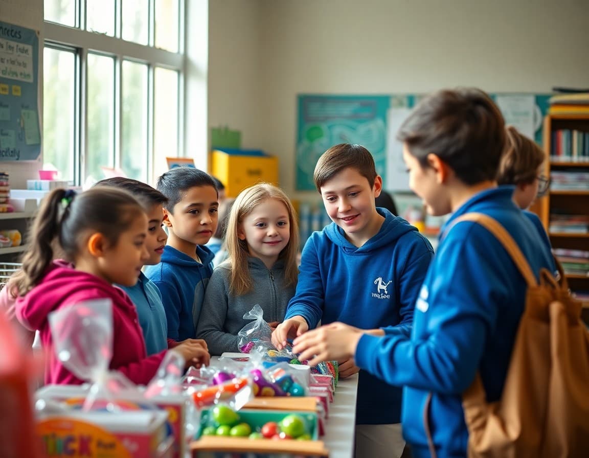 Elementary students volunteering at school store with teacher supervisor helping customers