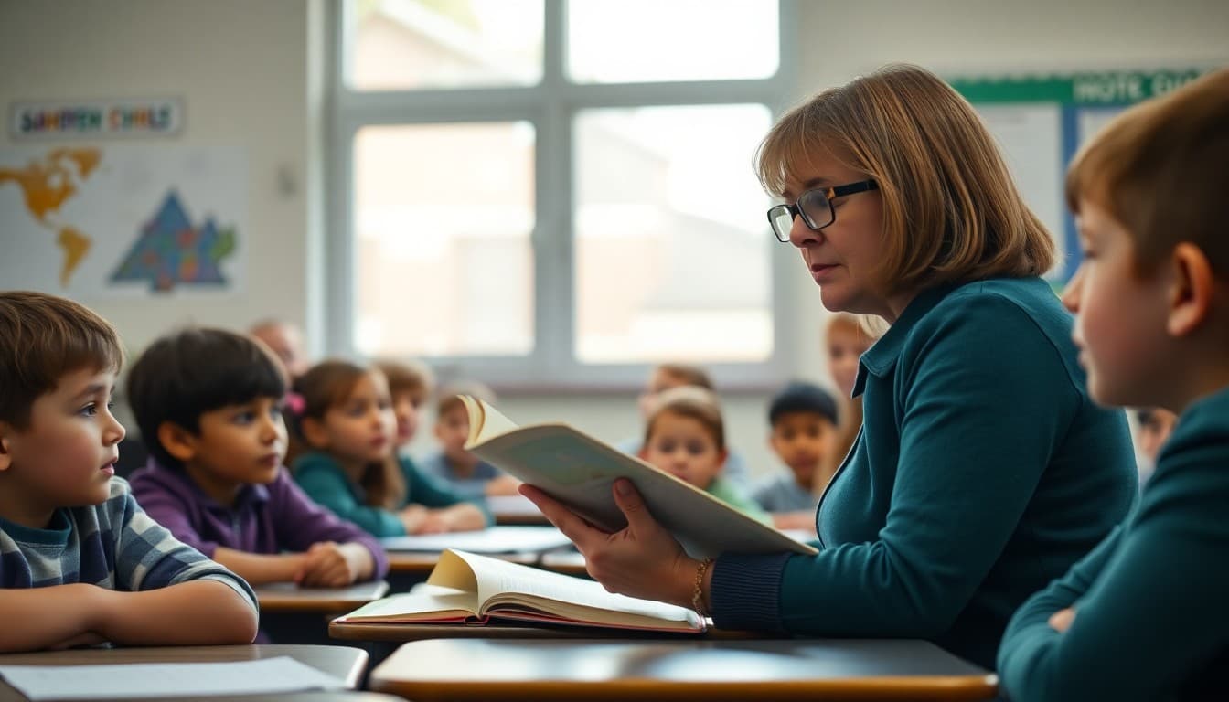 Teacher reading aloud to an engaged classroom of elementary students