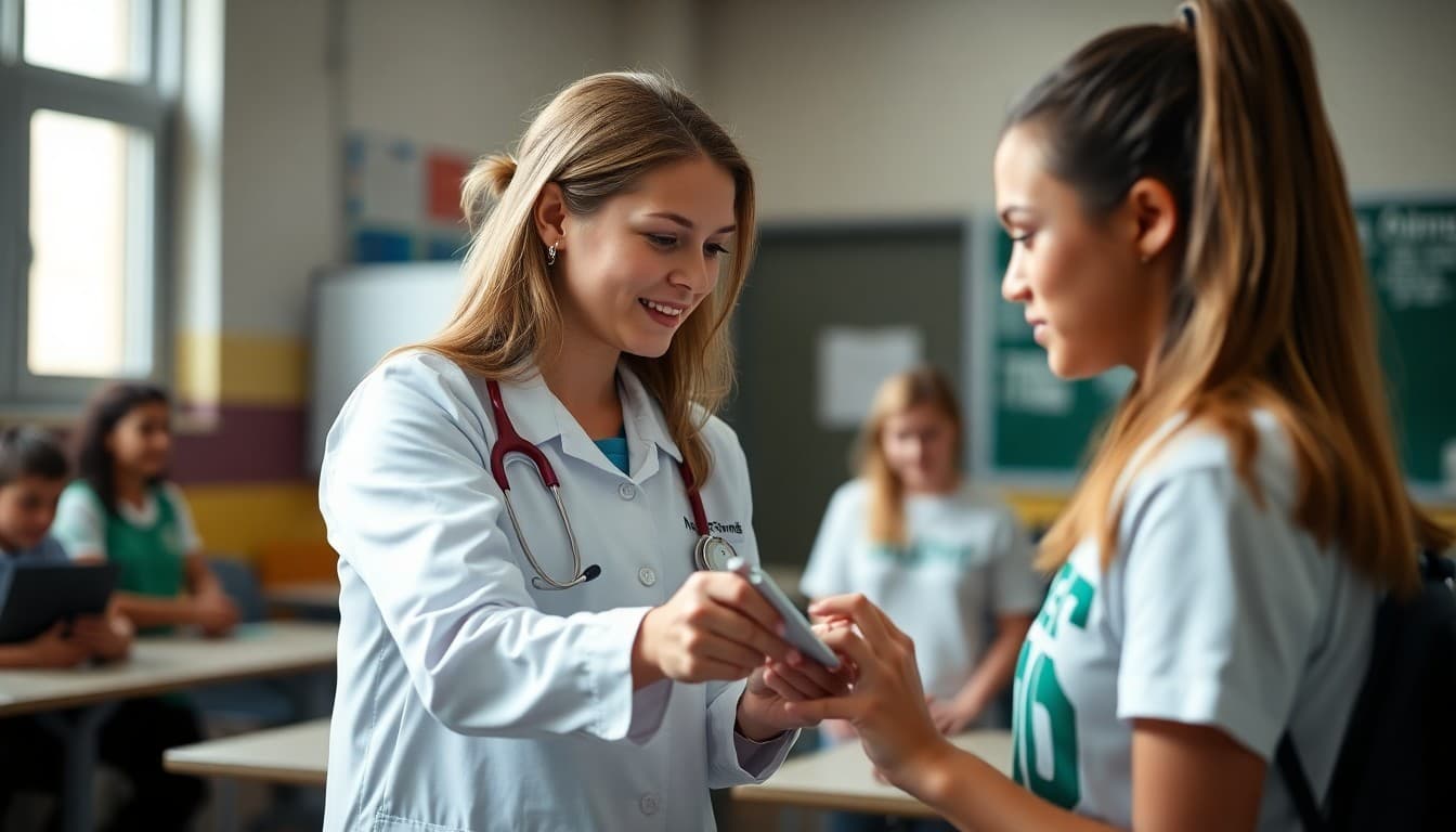 School nurse conducting sports physical examination for student athlete before tryouts