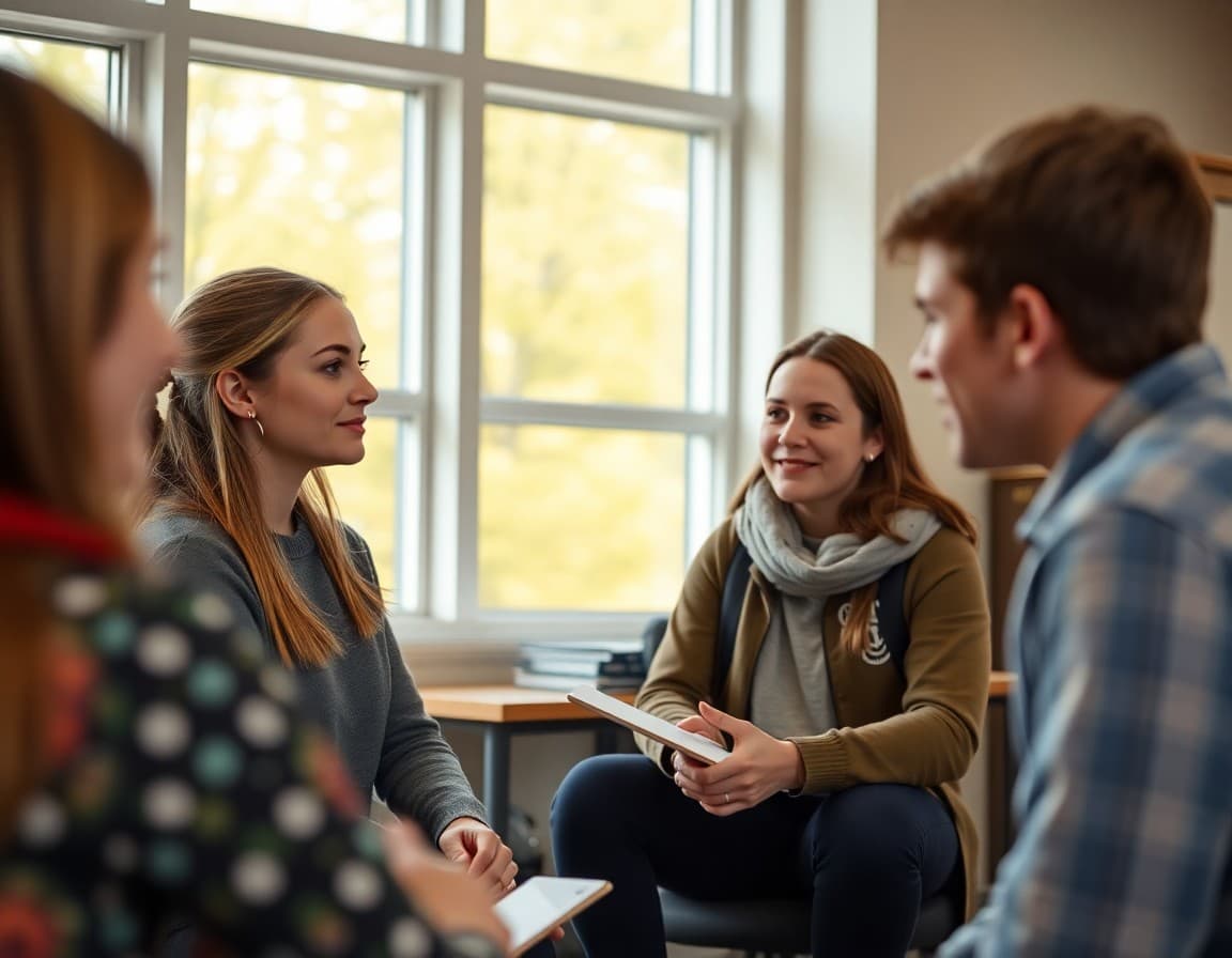 Counselor meeting with students to discuss internship opportunities at a school