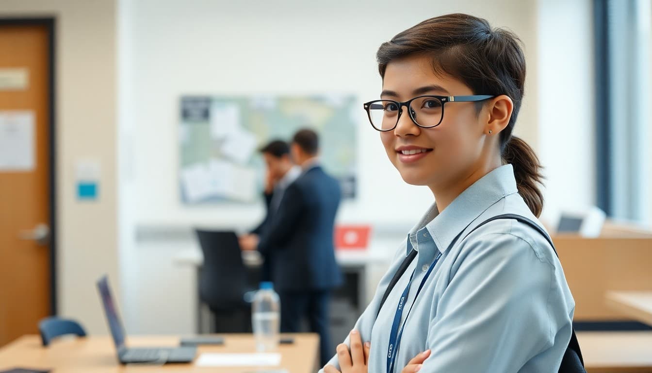 High school student in professional attire at an office internship site