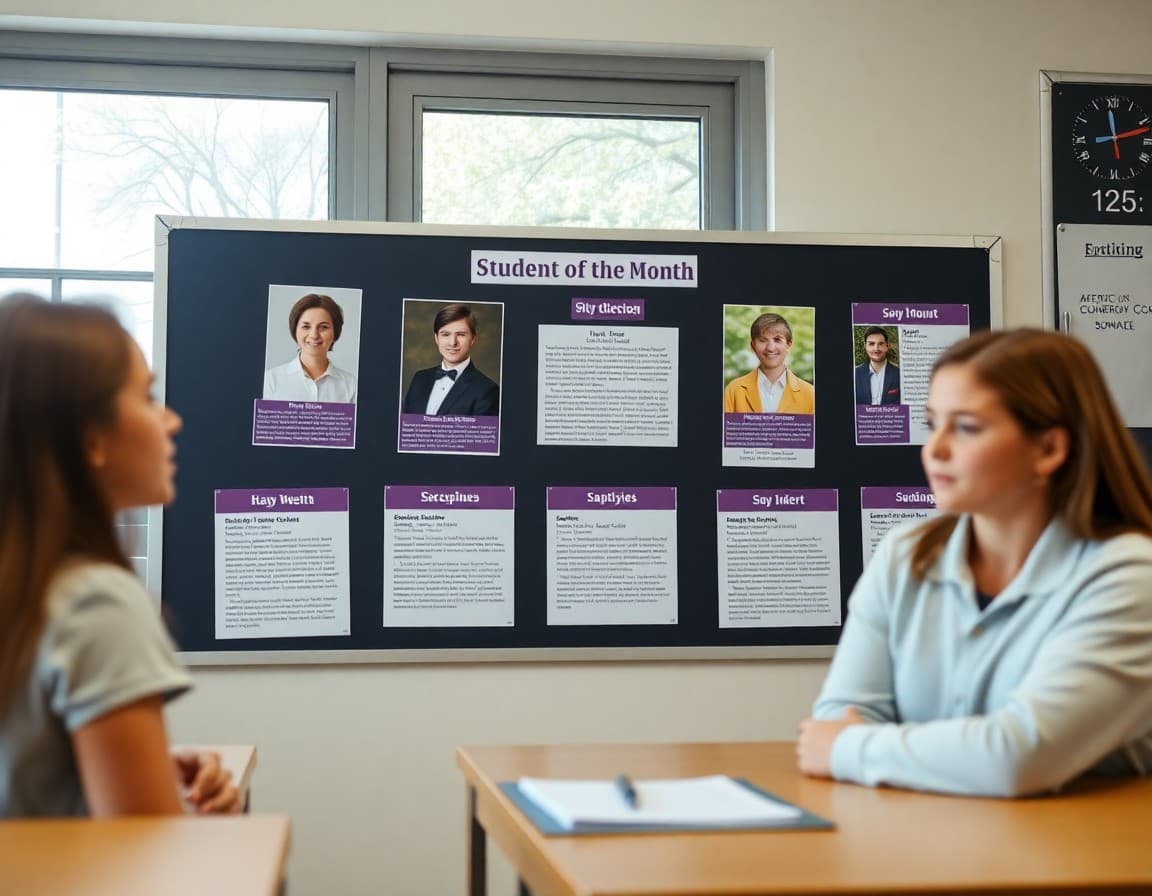Student of the month display board with photos and achievement descriptions