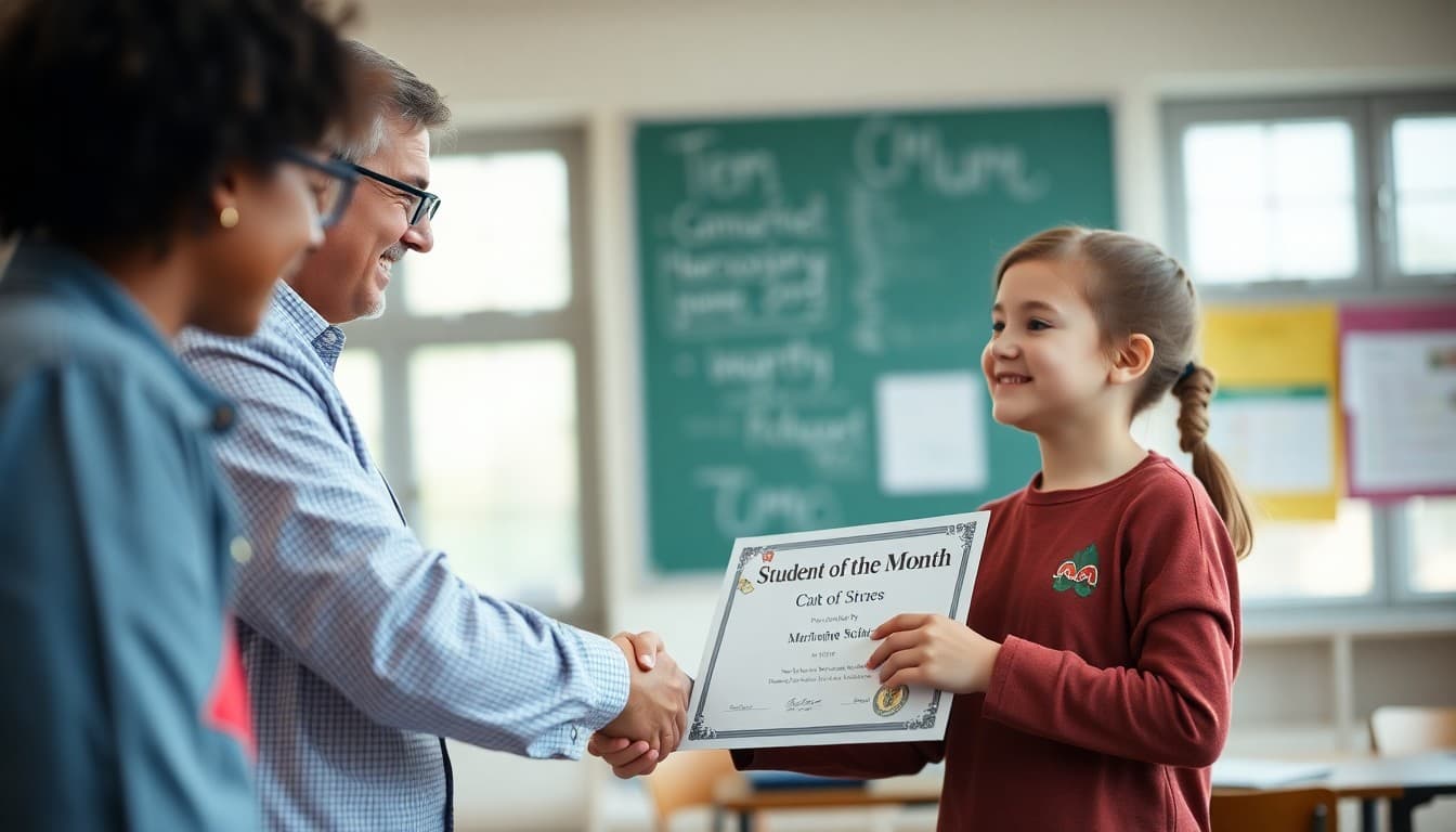 Principal shaking hands with a student receiving a student of the month certificate