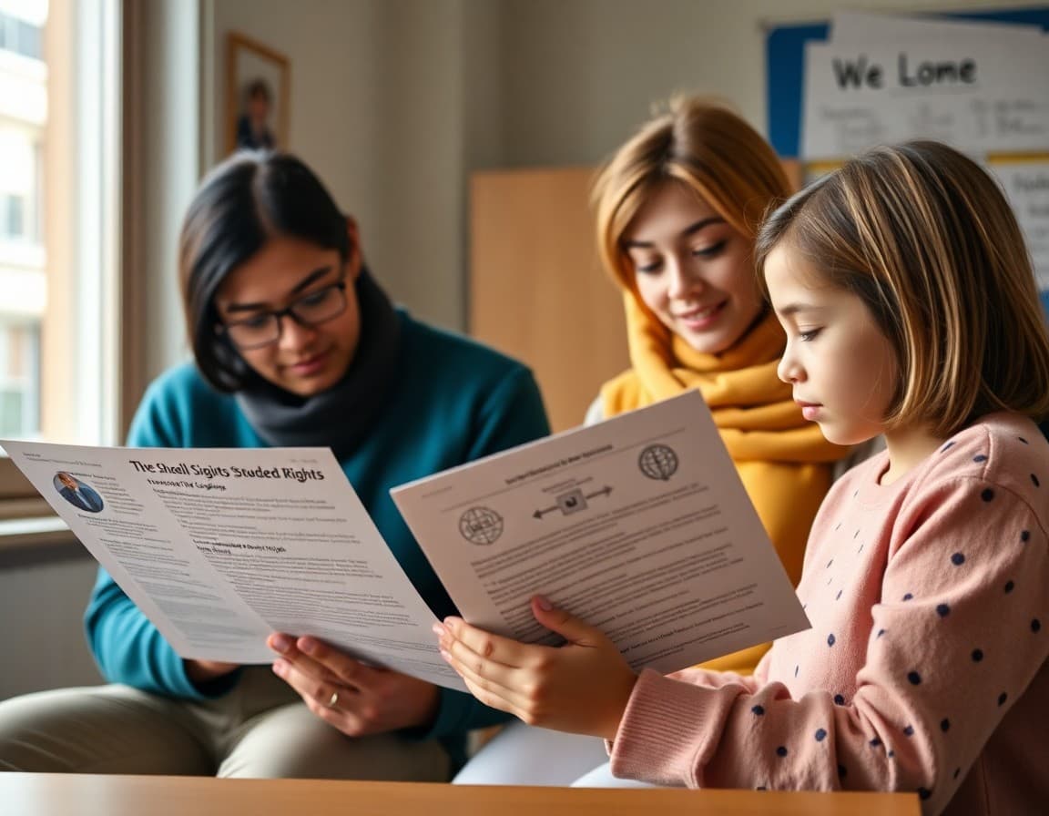 Families reading a school newsletter about student rights and appeal options