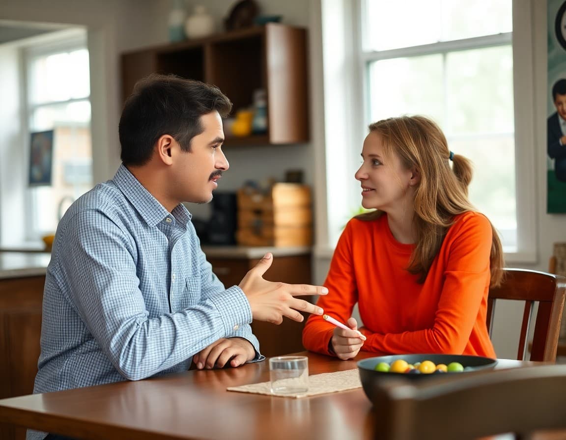 Parent and teenager having a conversation at a kitchen table