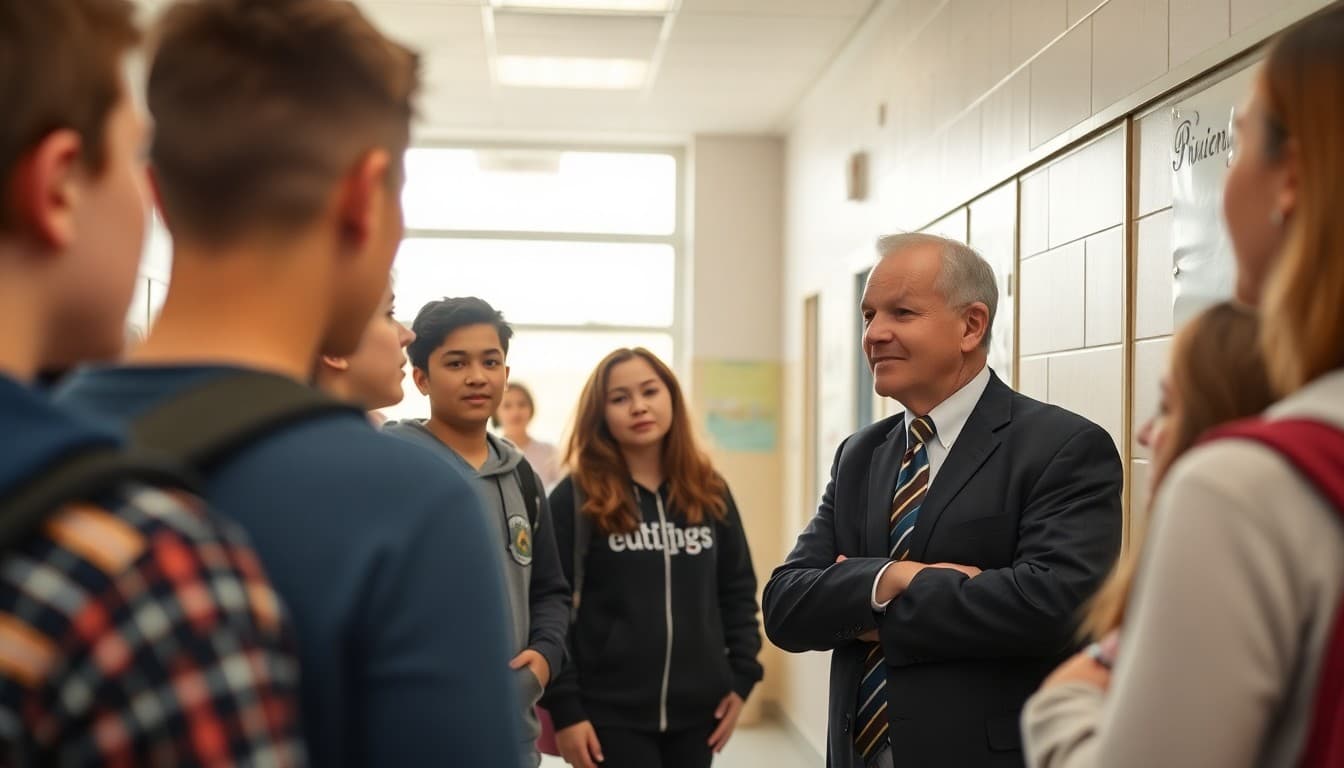 Principal speaking with a group of high school students in a school hallway
