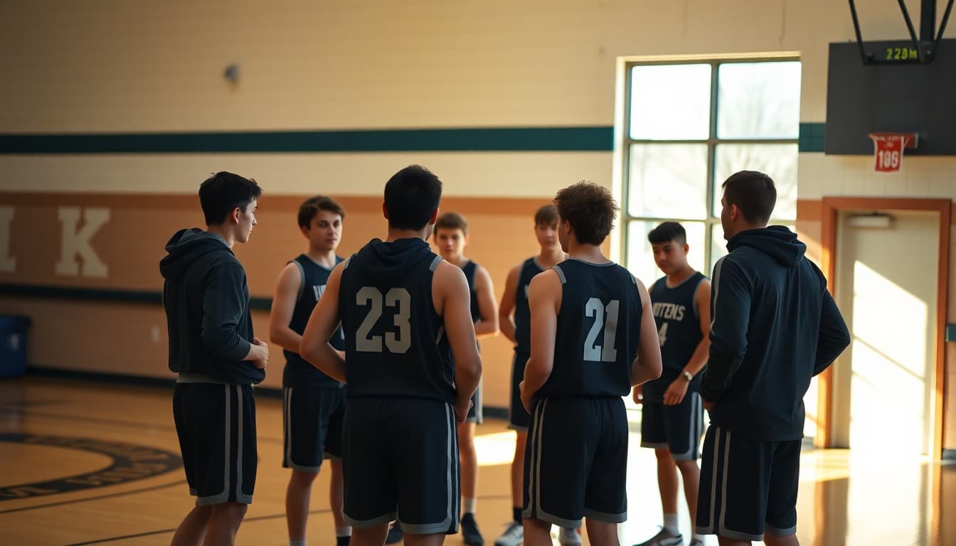 High school basketball team in warmup huddle before first winter season practice