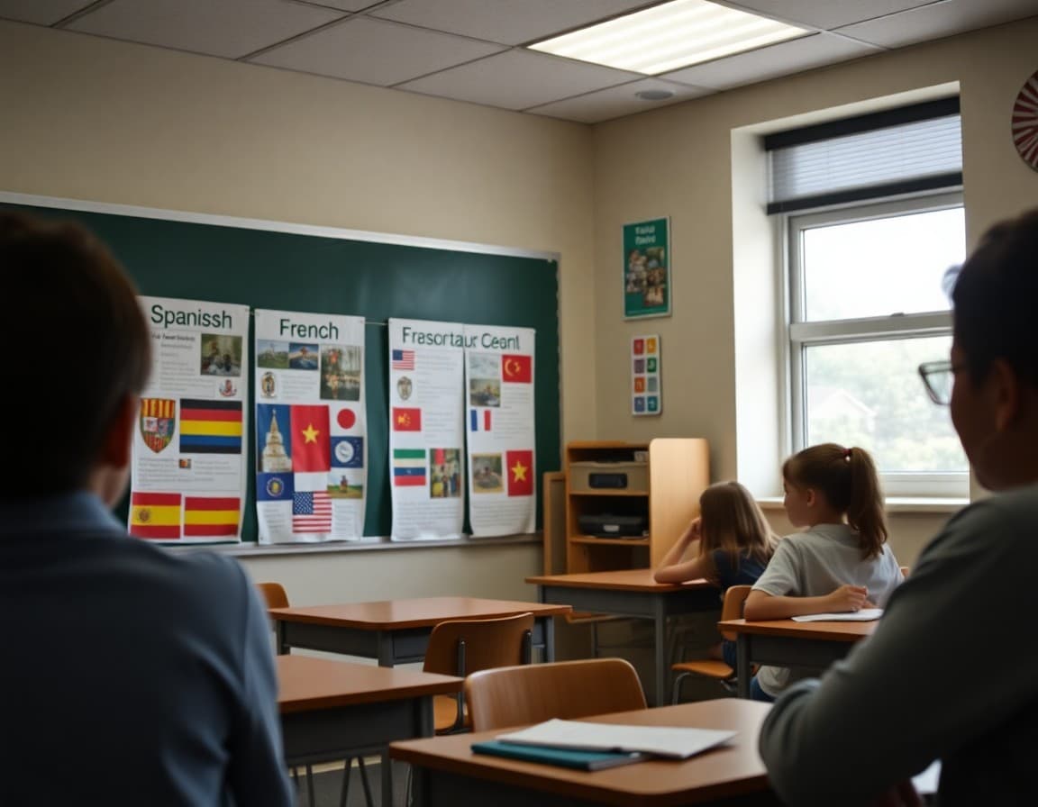 World language classroom display with student projects in Spanish French and Mandarin