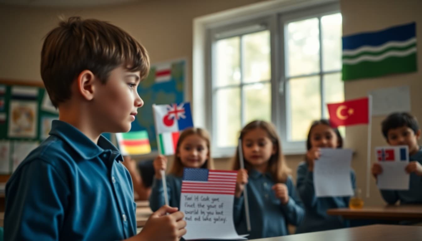 Students displaying flags and writing samples representing different world languages at school