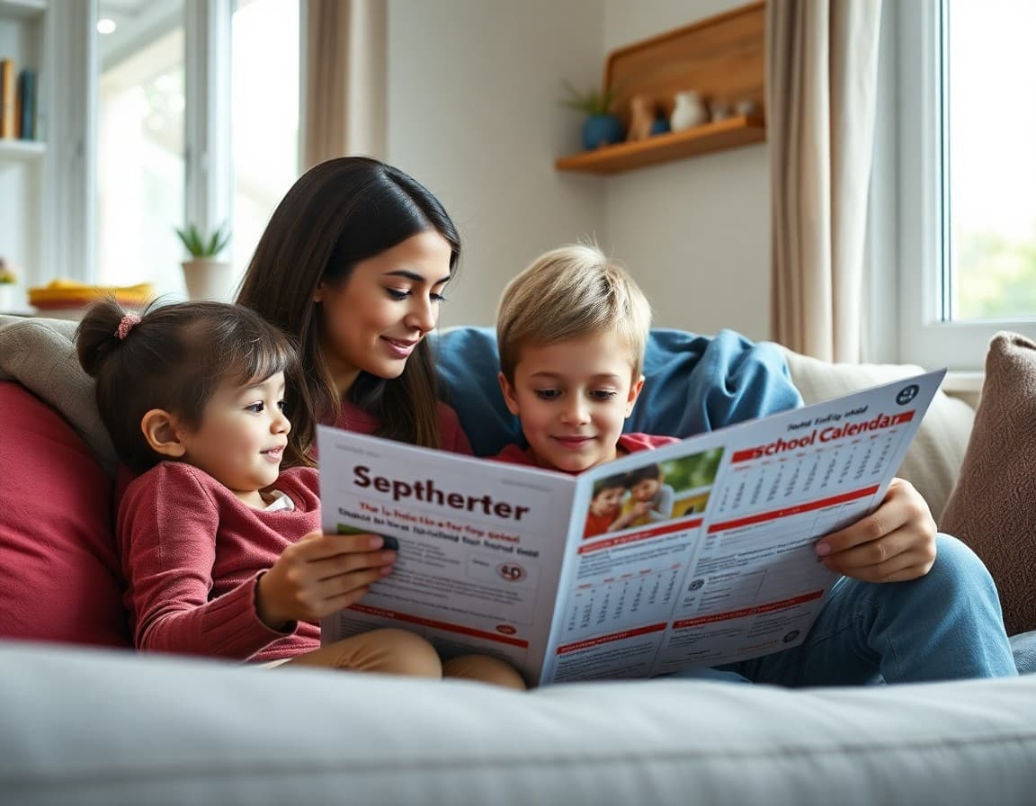 Family reading the September school newsletter at home with the school calendar visible