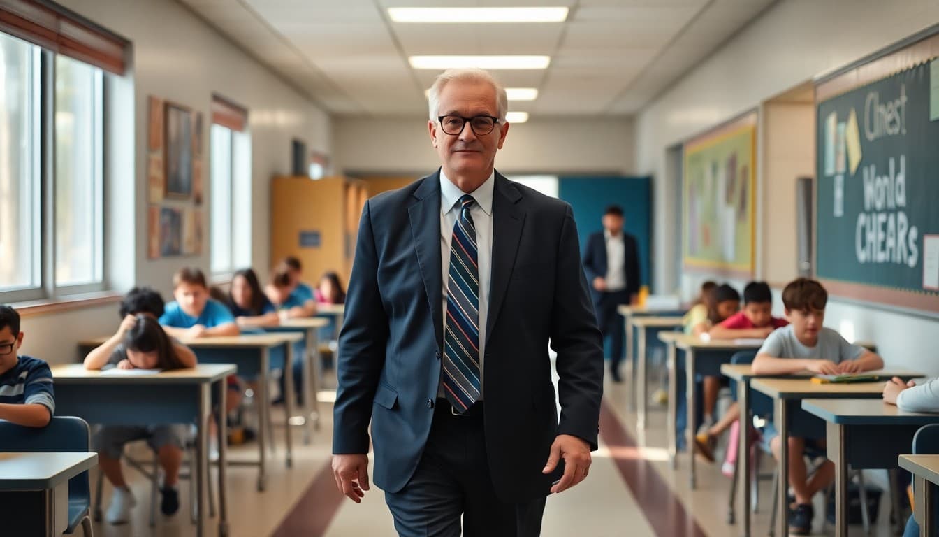 Principal walking through a hallway at the start of the school year with students active in classrooms