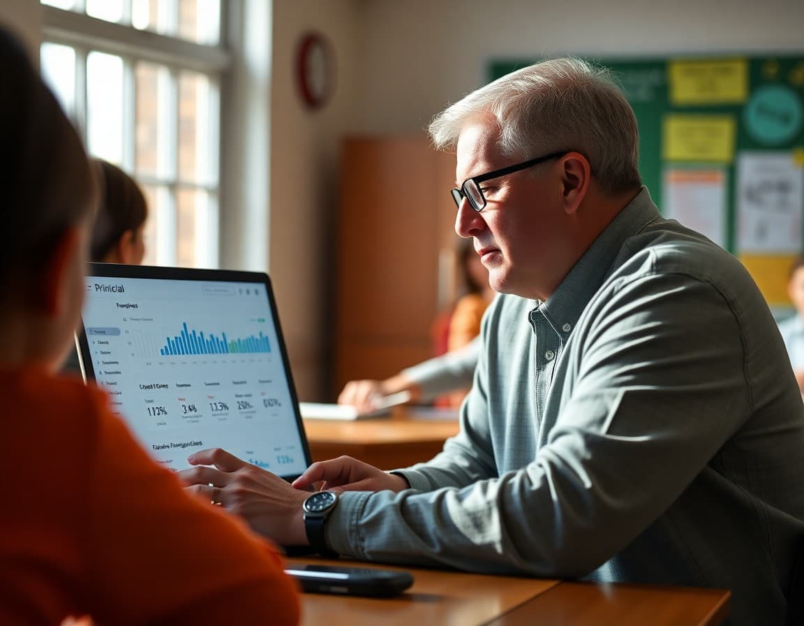 Principal reviewing engagement data on a laptop screen