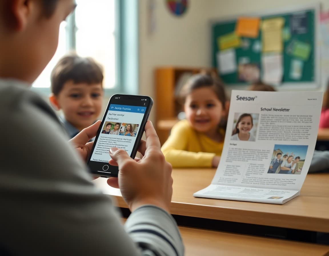 Parent checking Seesaw notification on phone alongside a school newsletter email