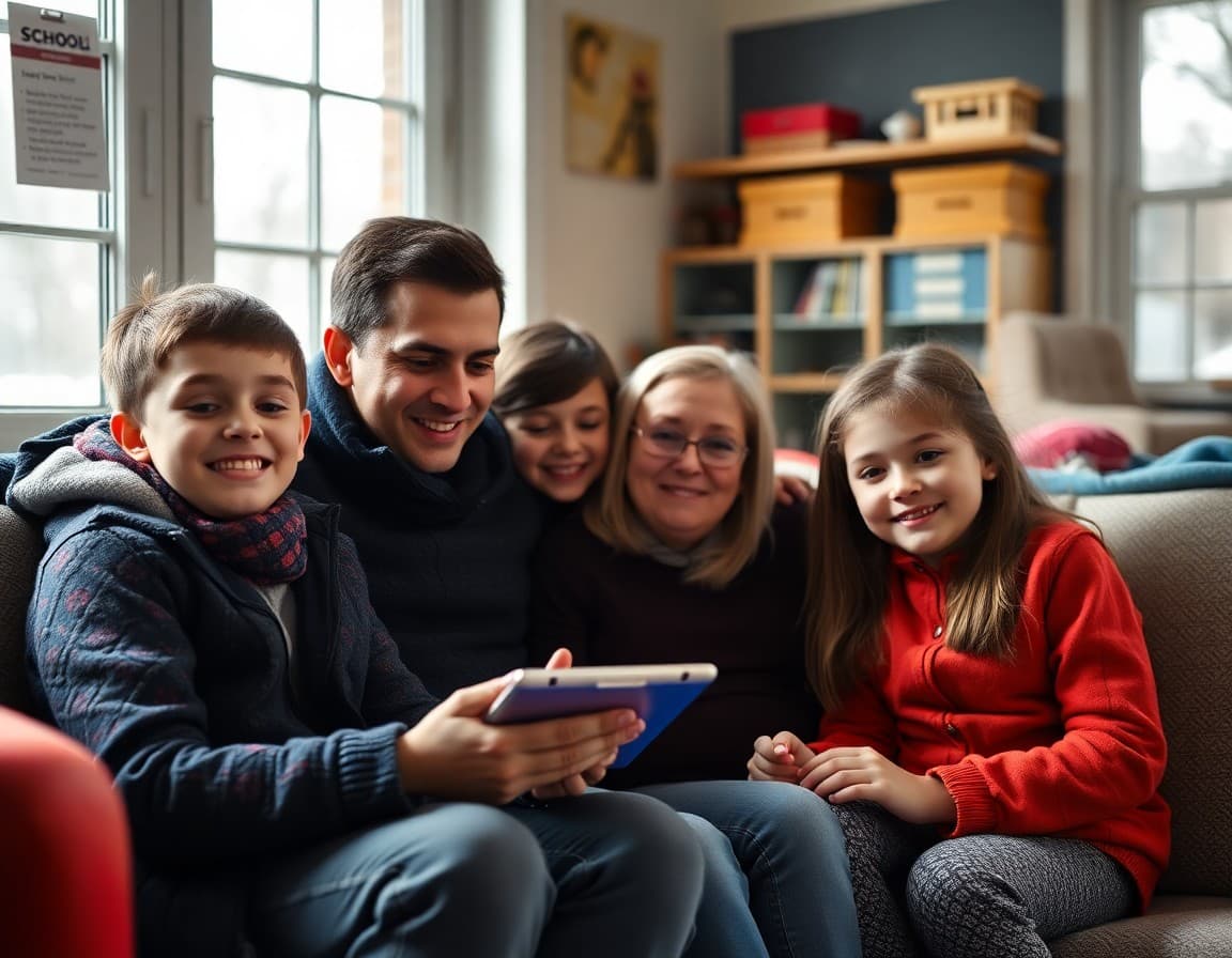 Family sitting together over winter break with a tablet showing school communication