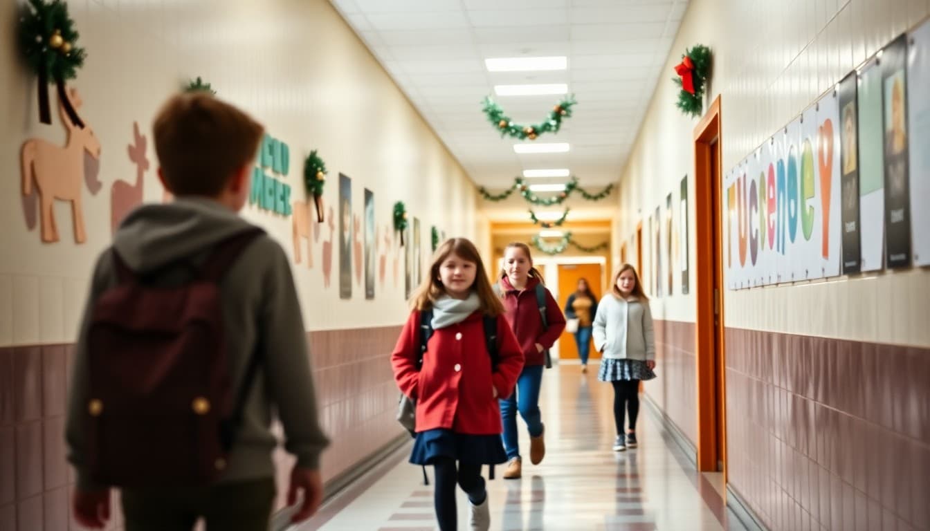 School hallway decorated for winter with students heading out for break