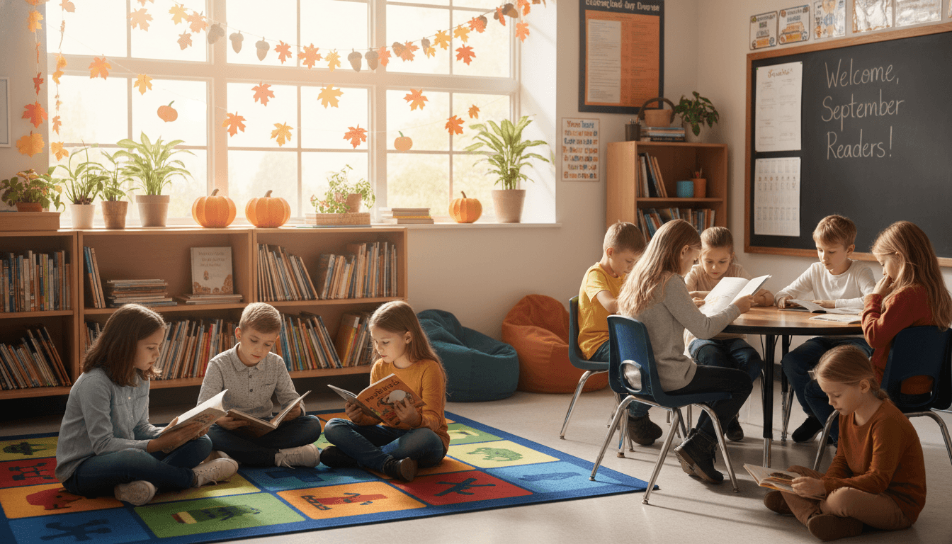 Students working in small reading groups in a September classroom with fall decorations on the window