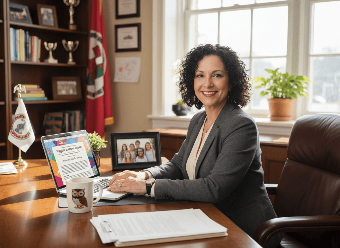 Virginia principal sending newsletter to families on laptop