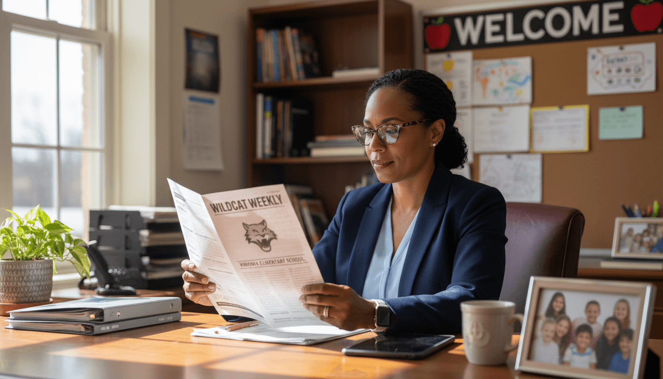 Virginia school principal reviewing newsletter at desk