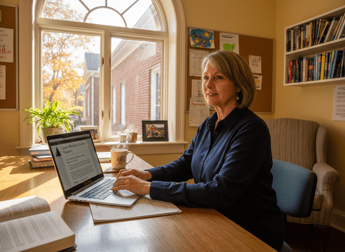Vermont principal composing school newsletter on laptop for small rural district community