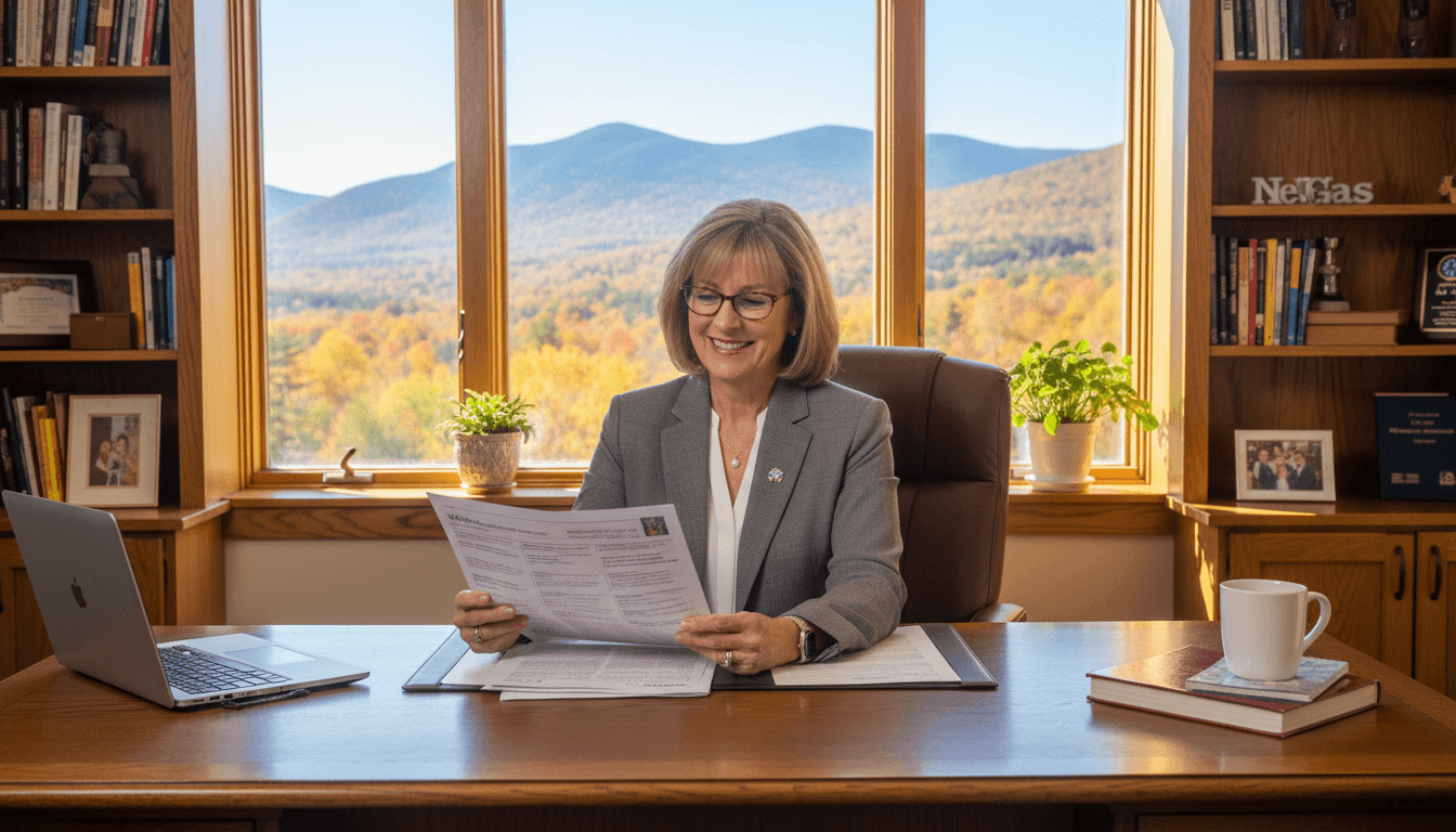 Vermont school principal reviewing newsletter at desk with Green Mountains and fall foliage visible through window