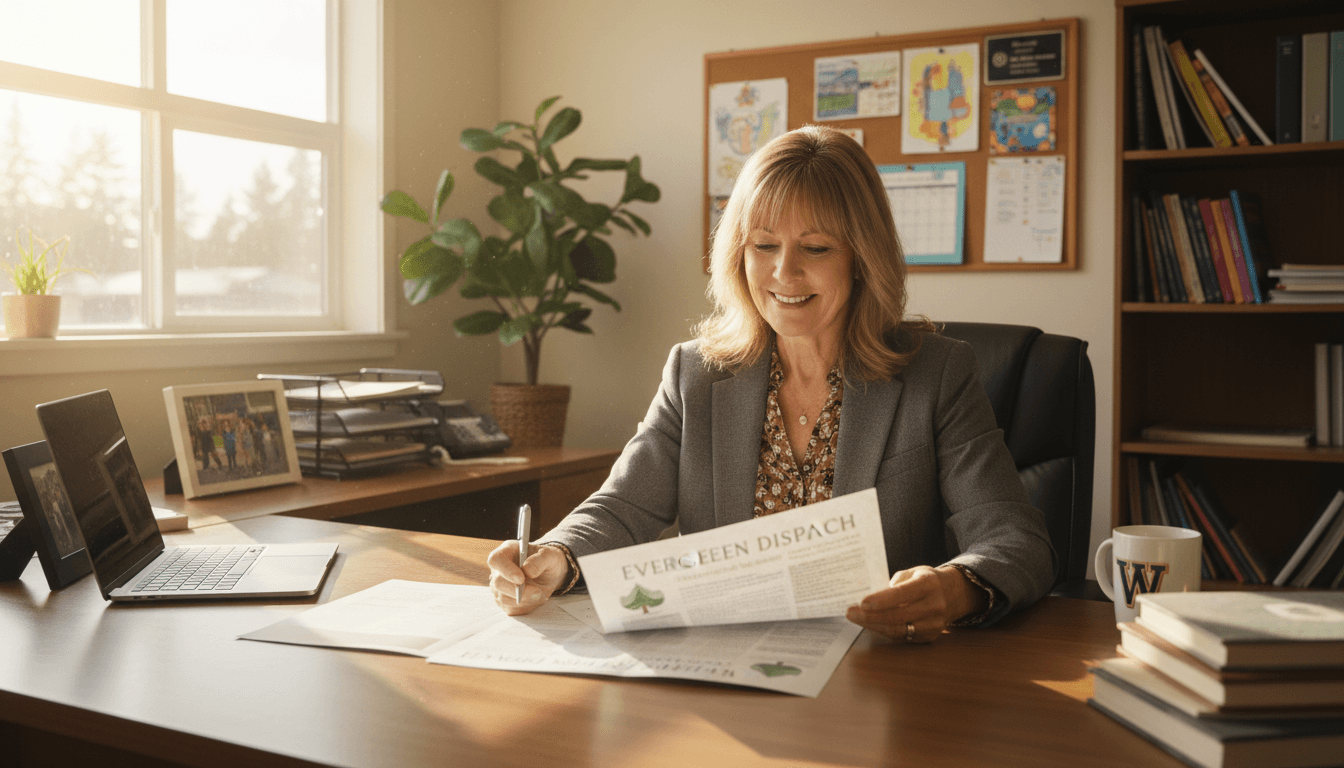 Washington state school principal reviewing newsletter at desk