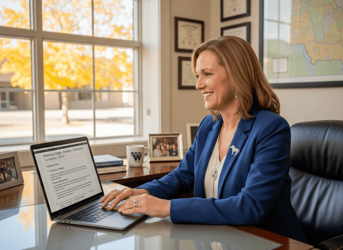 Wyoming principal sending newsletter to school community on laptop