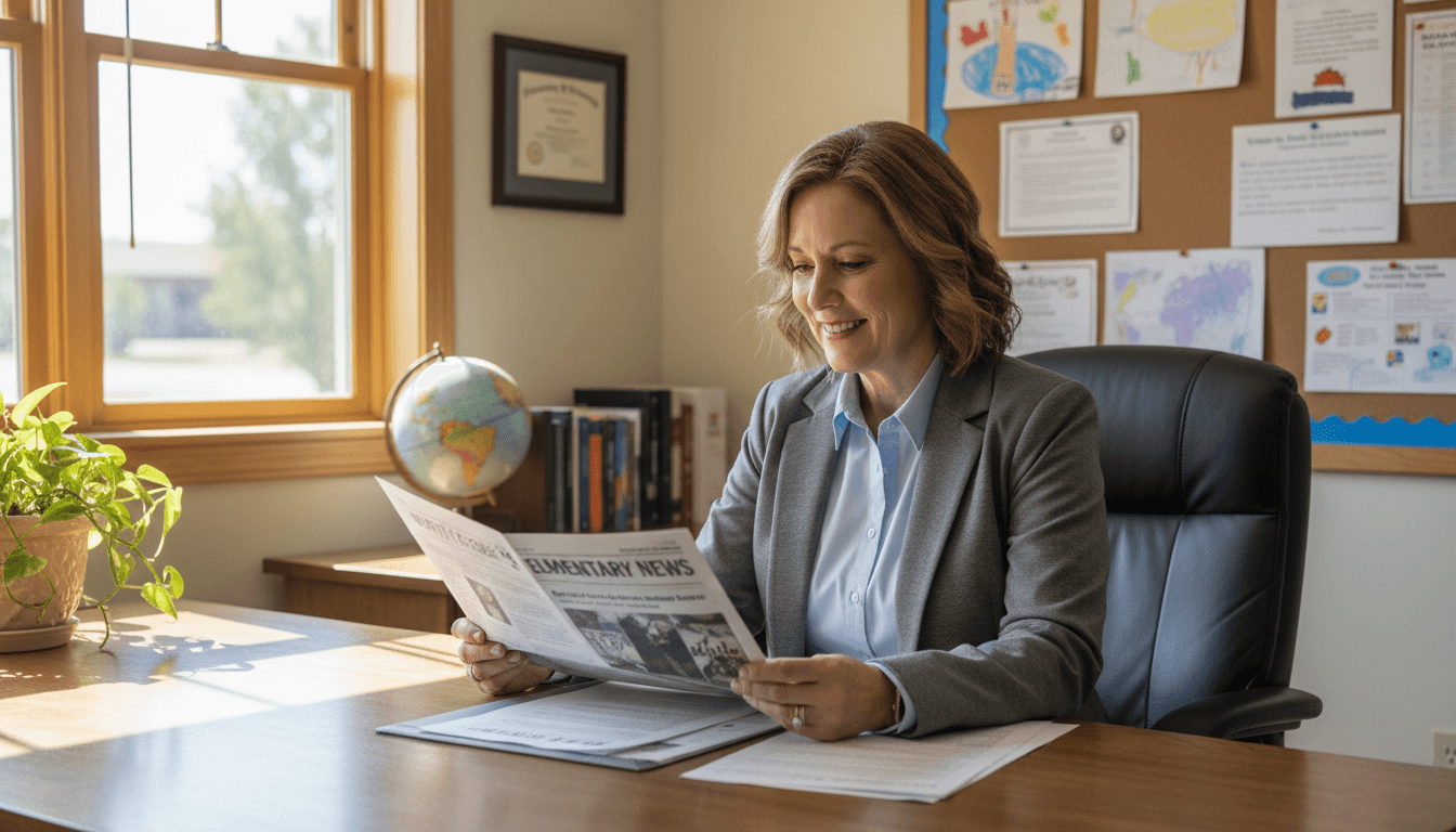 Wyoming school principal reviewing newsletter at desk