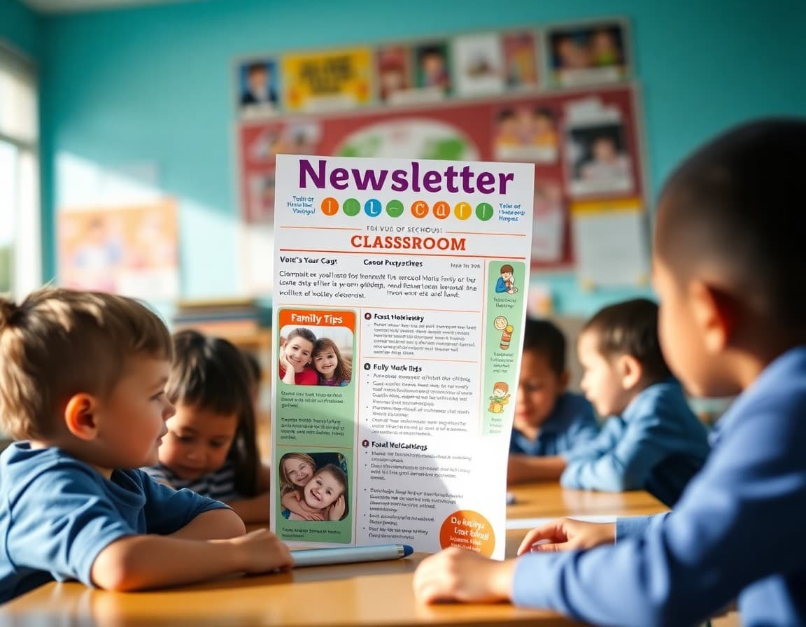 Colorful classroom newsletter with learning updates, upcoming events, and family tips