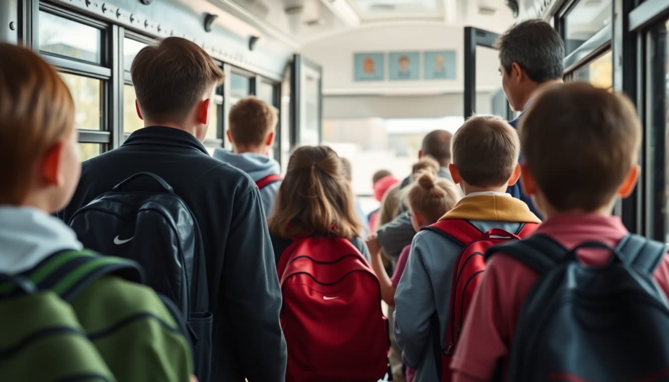 Students with backpacks boarding a school bus for a field trip with a teacher