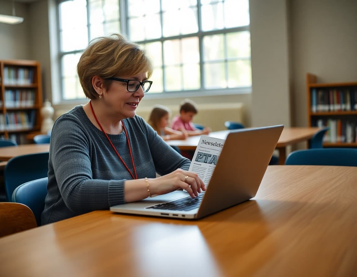 Parent volunteer typing PTA newsletter on laptop at school library table