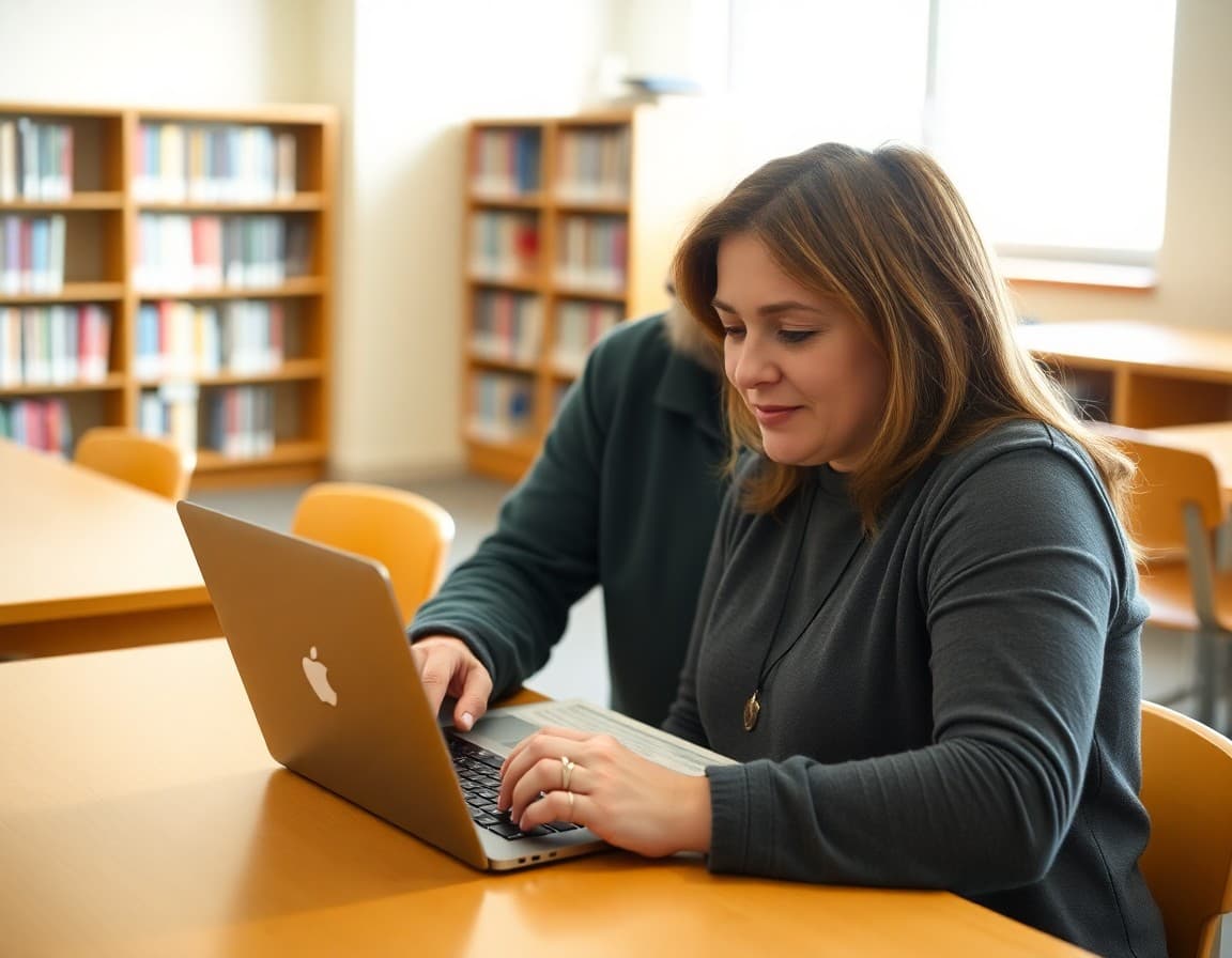 Parent volunteer typing PTA newsletter on laptop at school library table