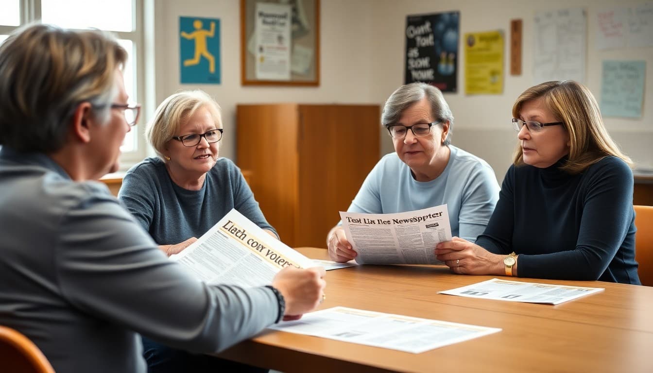 Ohio PTA members gathered at school table reviewing newsletter drafts together