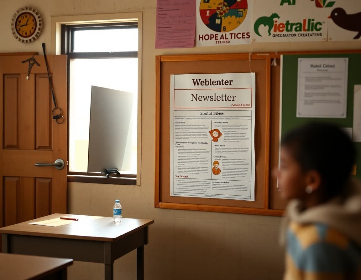 Bilingual school newsletter posted on a bulletin board in an Arizona rural classroom