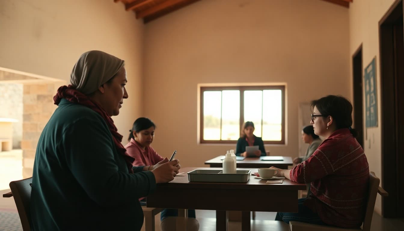 Arizona desert school building near a Navajo community with a teacher preparing family communications