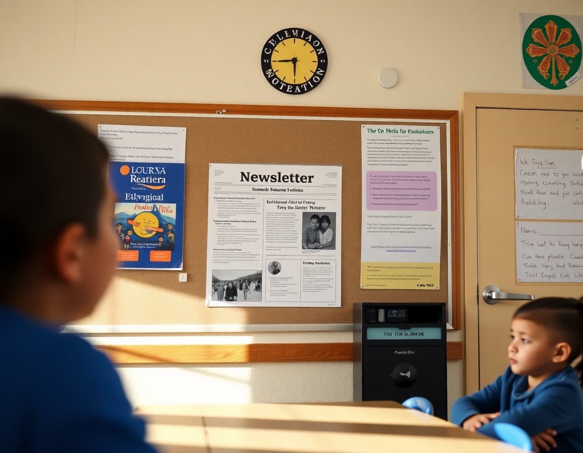 Bilingual newsletter on a school bulletin board in a Colorado San Luis Valley classroom