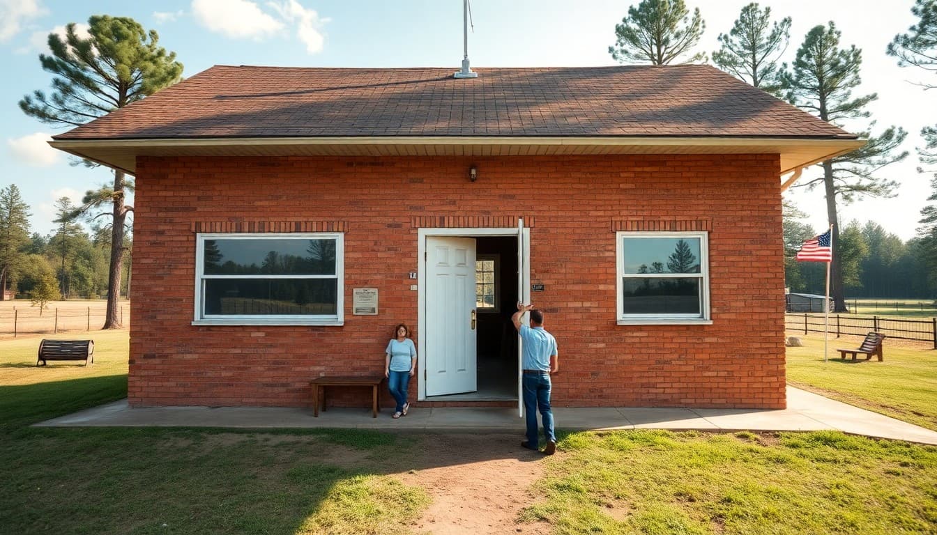 Georgia rural school building in a small town surrounded by farmland and pine trees