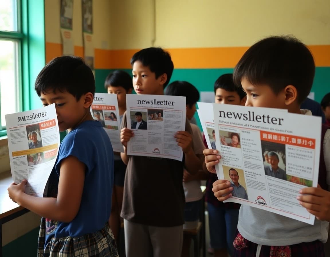Multilingual school newsletters displayed at a community event at a rural Hawaii plantation town school
