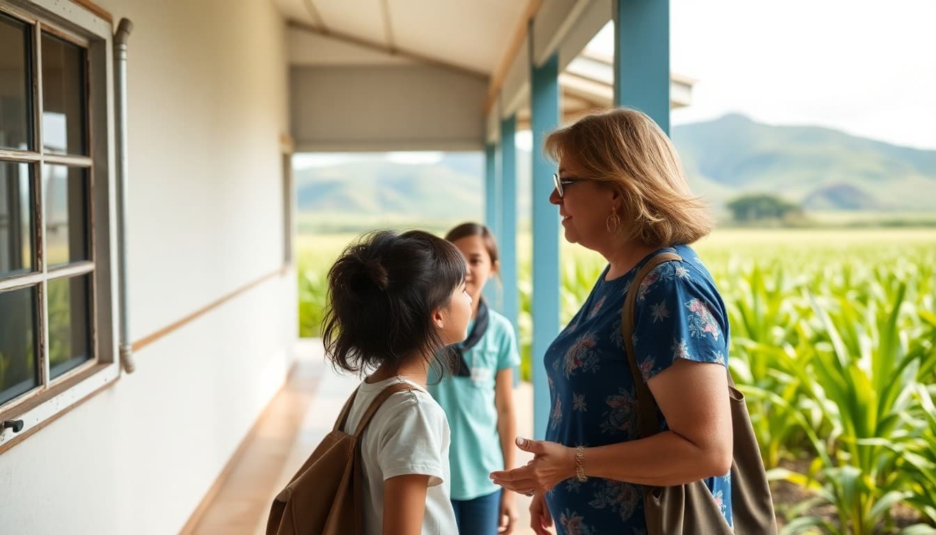 A Hawaii Neighbor Island school with sugar cane fields in the background and a teacher greeting families