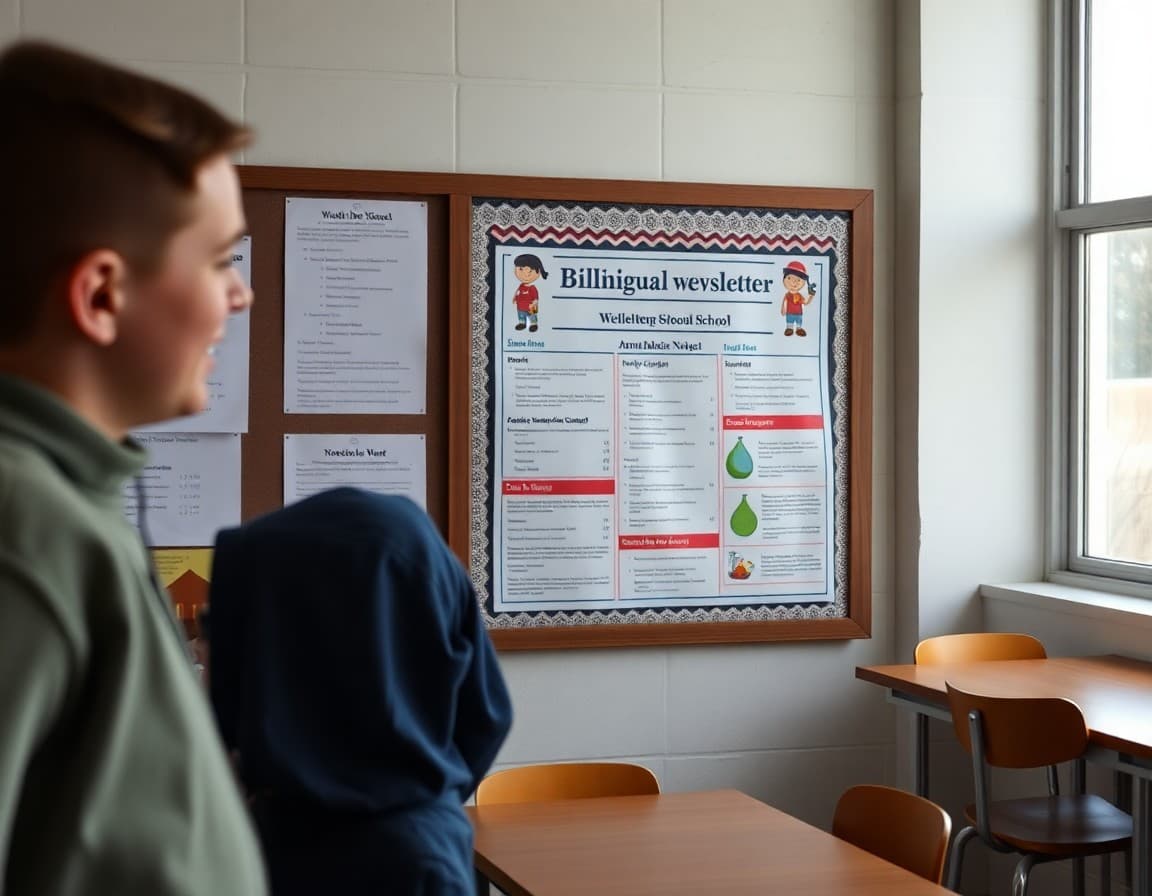 Bilingual Iowa school newsletter on a bulletin board in a meatpacking community classroom