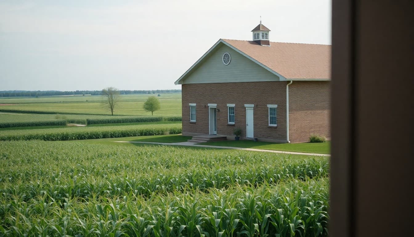 Iowa rural school building in a small farming town with corn fields stretching to the horizon