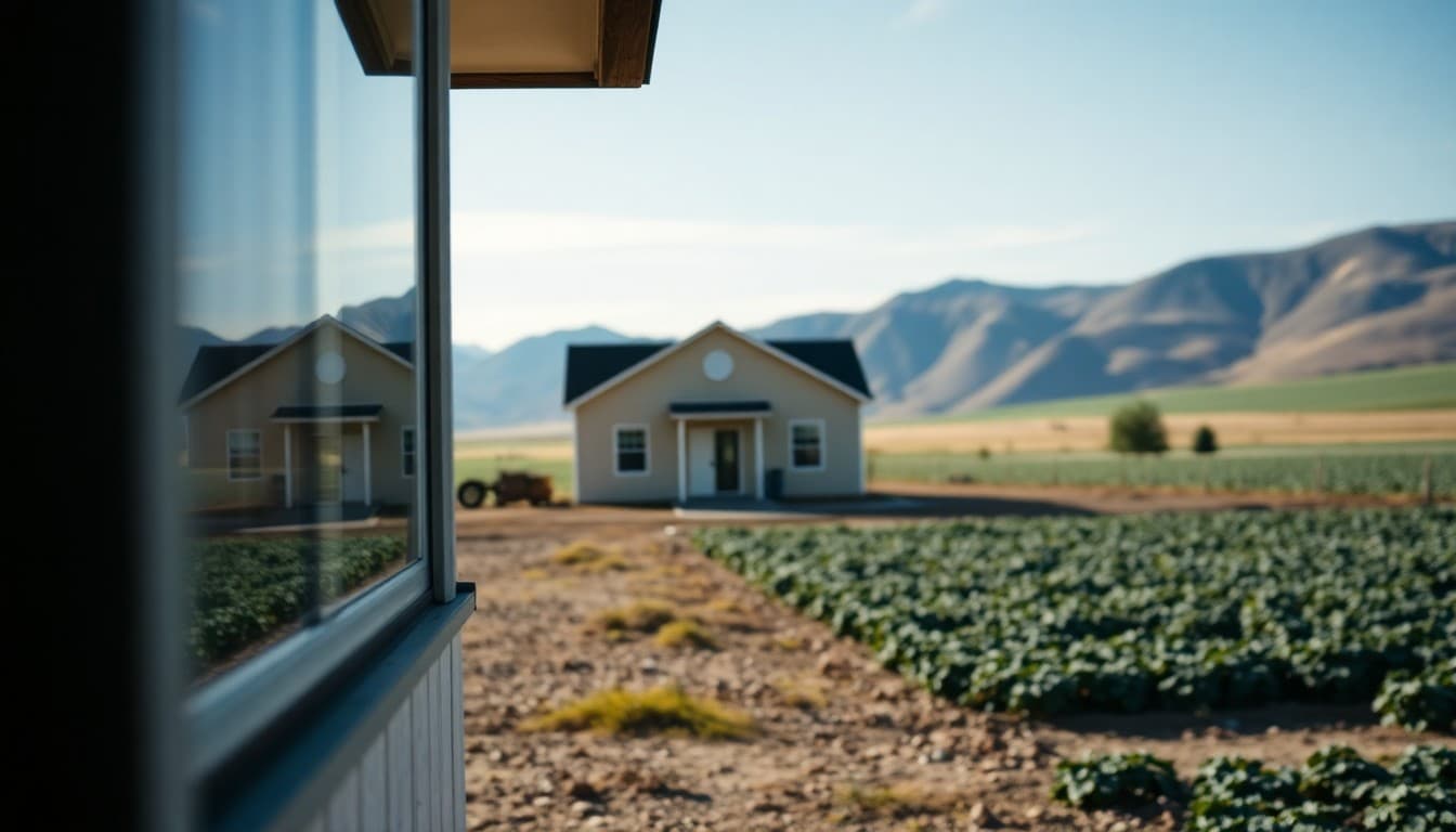 Idaho rural school building near potato fields with mountains visible in the background