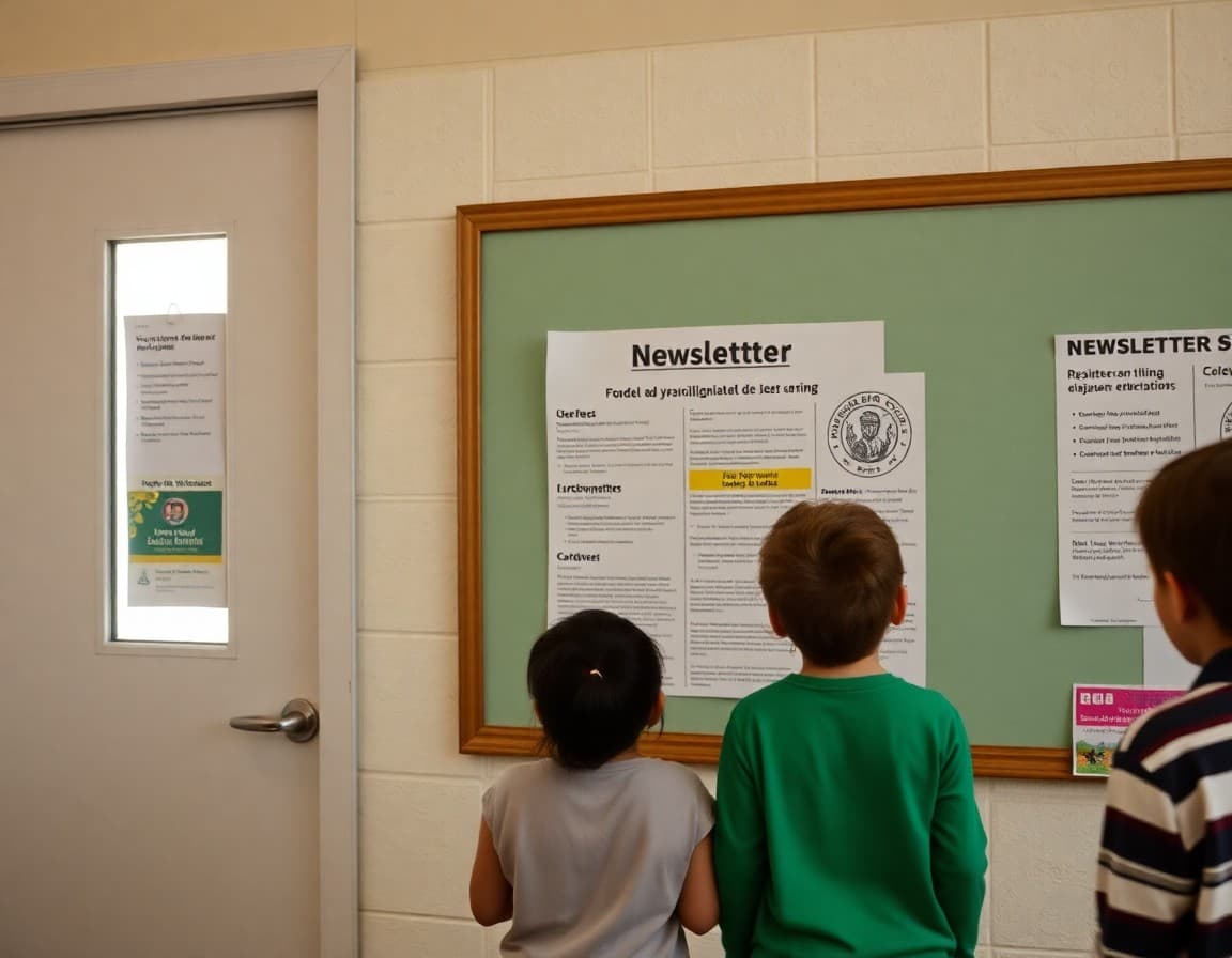 Bilingual newsletter on a bulletin board in a Garden City Kansas school serving meatpacking families