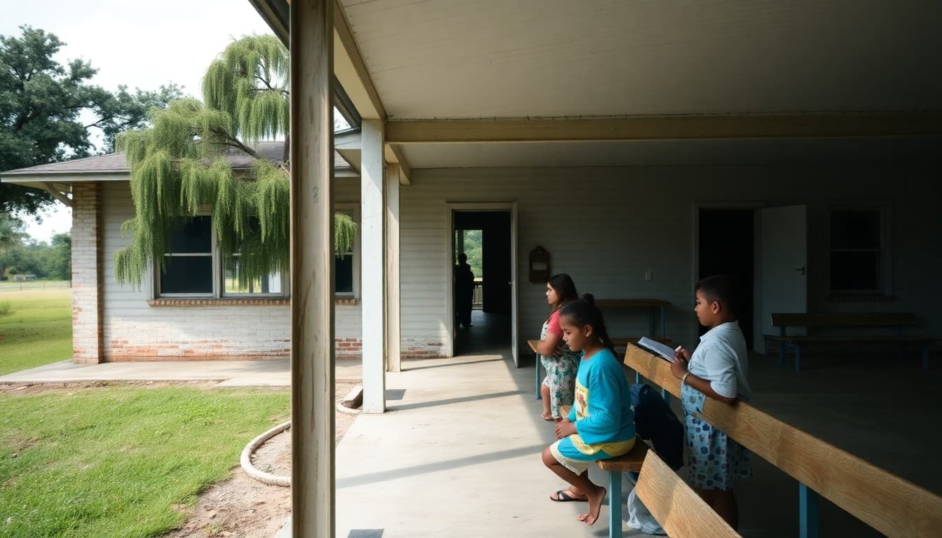 Louisiana rural school building near a bayou with Spanish moss trees visible in the background