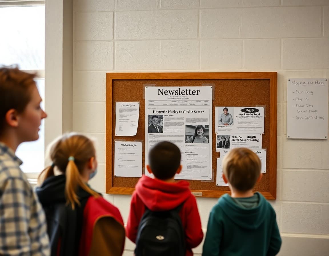 Newsletter displayed on a bulletin board in a Pioneer Valley Title I school in Massachusetts