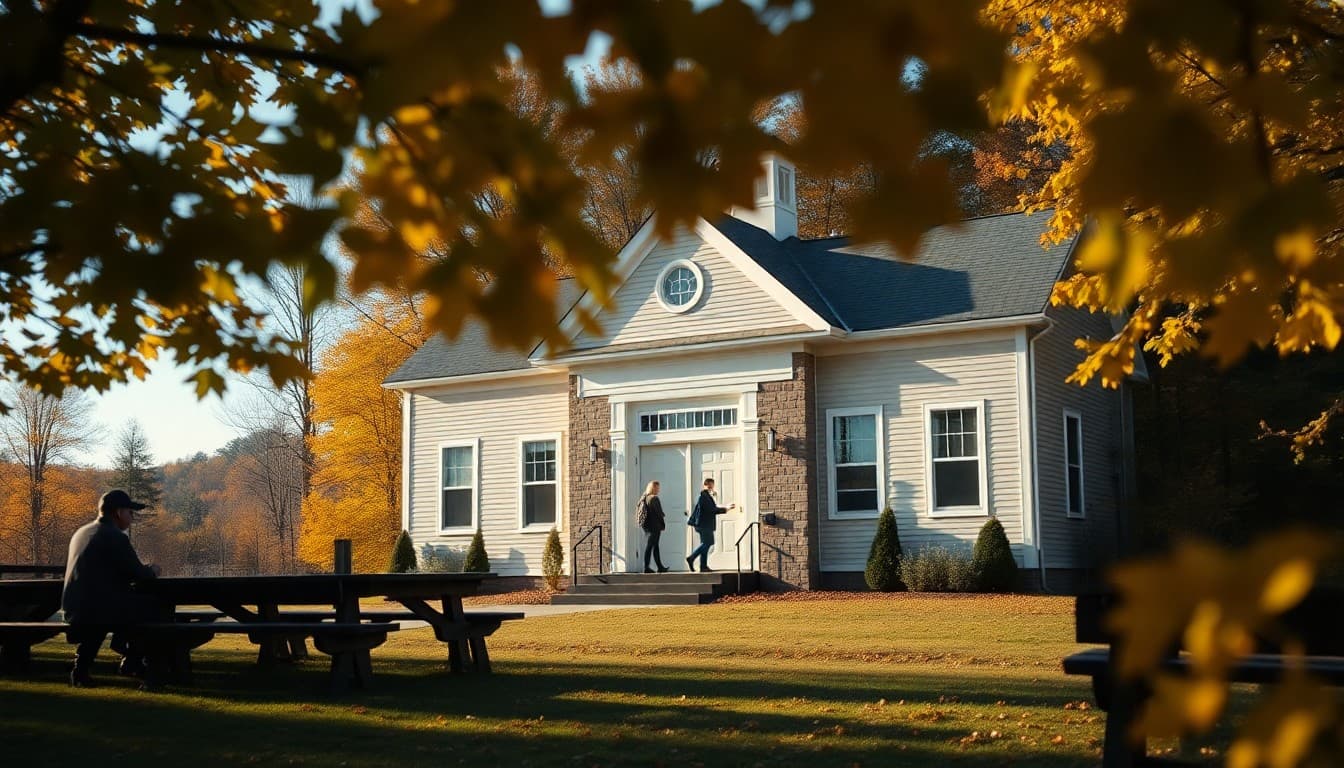 Massachusetts western rural school building in the Berkshires surrounded by fall foliage