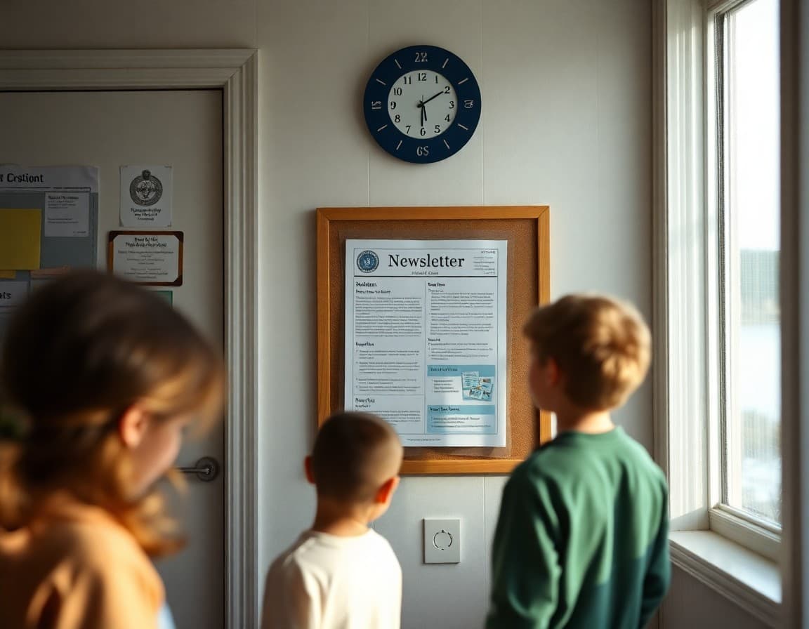 Newsletter on a bulletin board in a small Maine fishing community school near the coast
