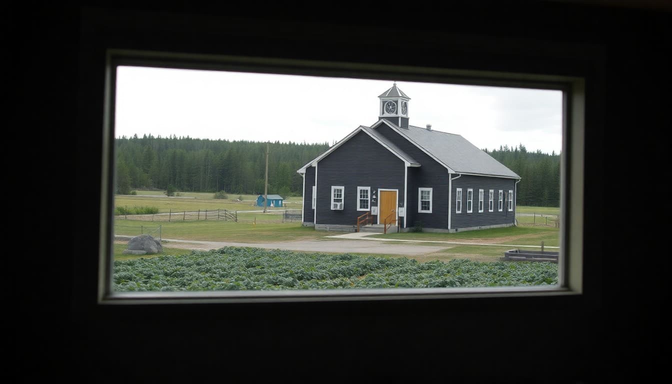 Maine rural school building in northern Aroostook County surrounded by potato fields and forest