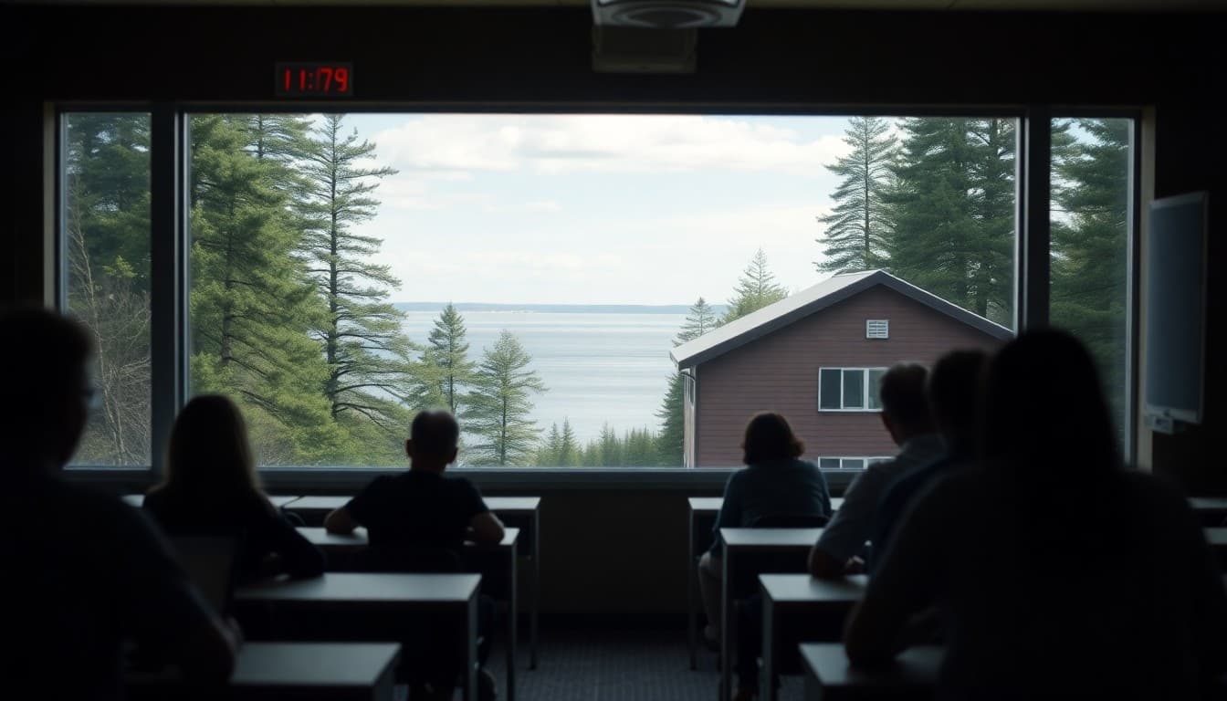Michigan Upper Peninsula school building surrounded by forest with the Great Lakes visible in the distance