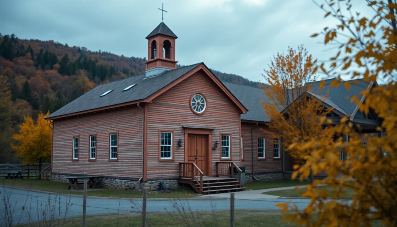 North Carolina mountain school building in the Appalachians surrounded by fall foliage