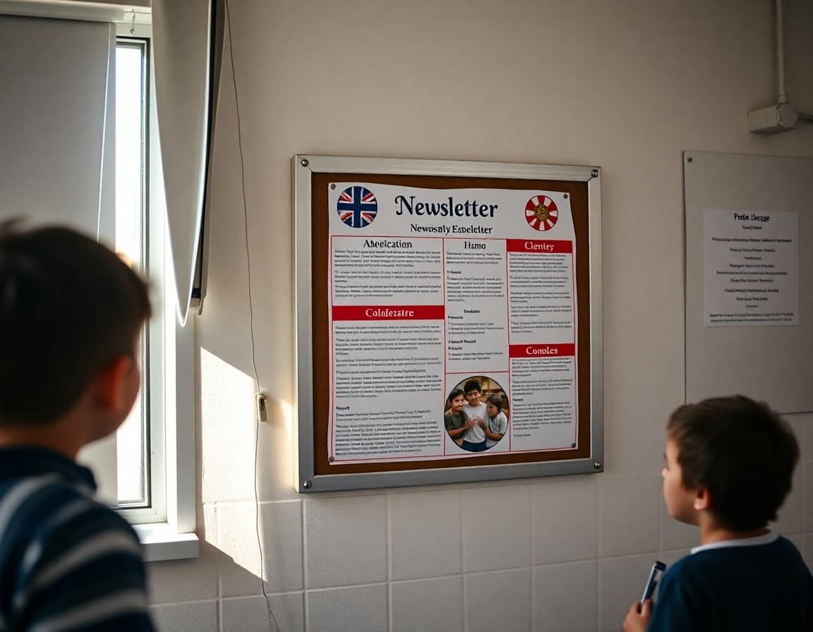 Bilingual newsletter on a bulletin board in a Nebraska Lexington school serving meatpacking families